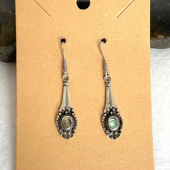 Sterling Silver 925 Dainty Abalone Elongated Dangle Drop Earrings - Picture 9 of 15